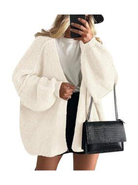 Oversized Open Front Cardigan Lantern Sleeve Chunky Knit Sweater